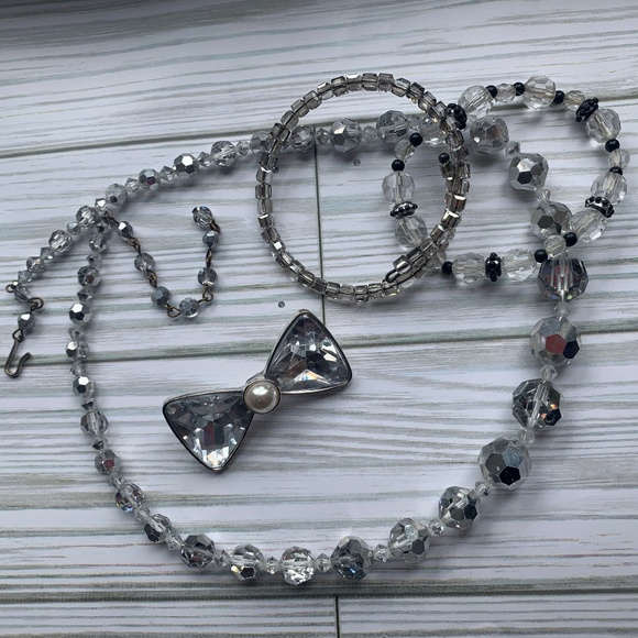 Mid Century 3 Piece Faceted Glass Crystal Jewelry Lot - Necklace Bracelet & Pin - Picture 1 of 6
